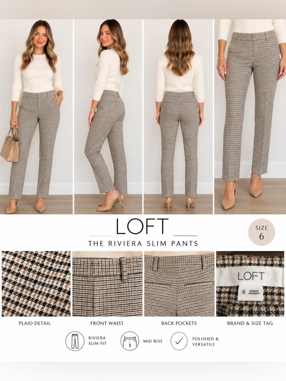 LOFT The Riviera Slim plaid straight Leg ankle Pants Size 6